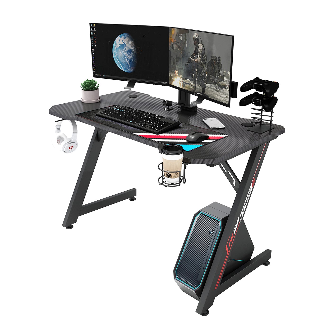 Gaming Computer Desk 110 cm with Carbon Fiber Desktop and Storage Shel ...